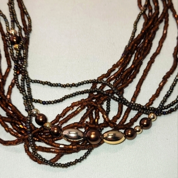 Multi strand seed beads vintage necklace bronze brown amber spring ring closer - Picture 2 of 4